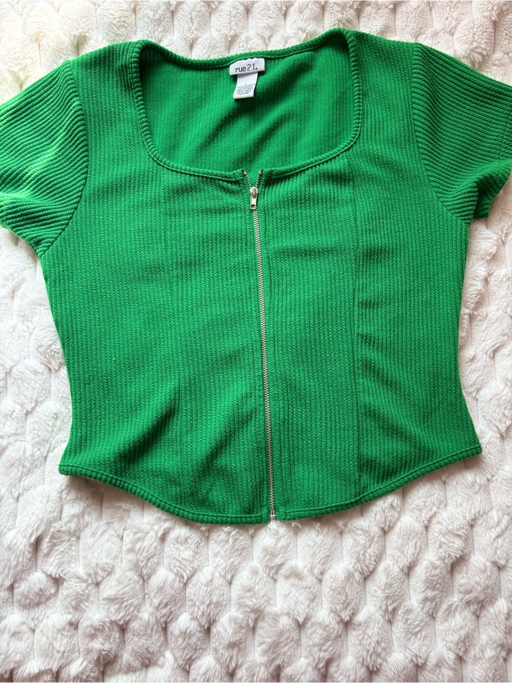 Rue21 Green Ribbed Zip-Front Crop Top